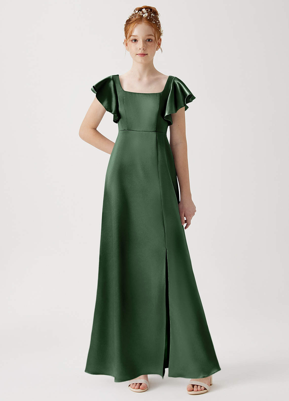 Azazie Bondi Junior Eucalyptus A-Line Side Slit Metallic Satin Dress image1