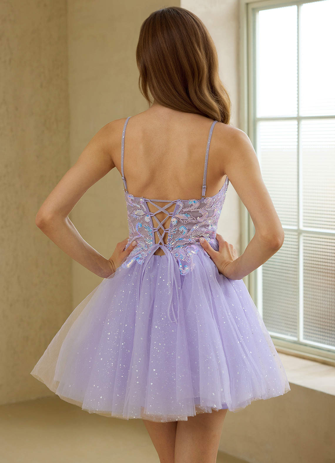 sheath backless long sleeves lace beach wedding dress V-Neck Spaghetti Strap Sequins Backless Mini Dresses – Alizeal main image 0