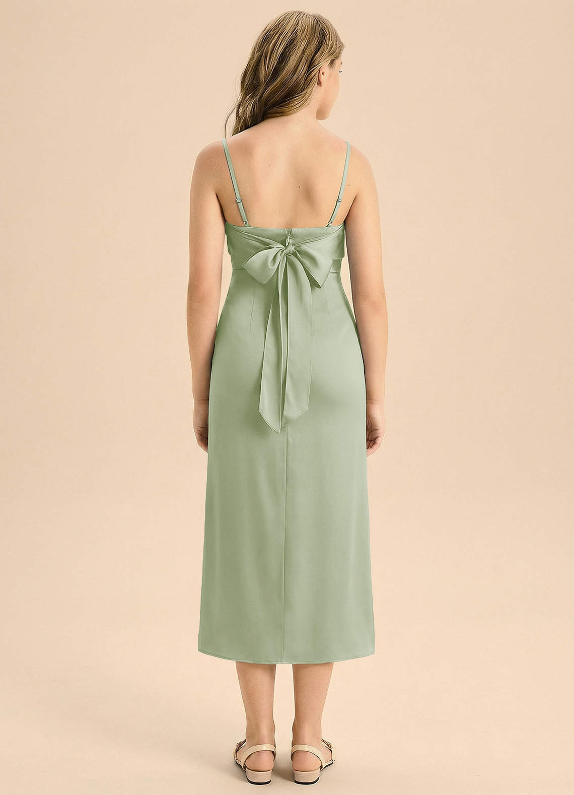 Azazie Mai Junior Skede Plisseret Stræk satin Te-længde Junior brudepige Kjole image1