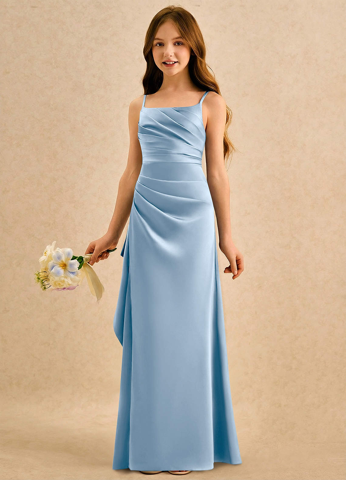 Azazie Cannoli Girls Formal Jurken voor bloemenmeisjes A-Lijn Jurk van Mat Satijn Geplooide Poederblauw image4