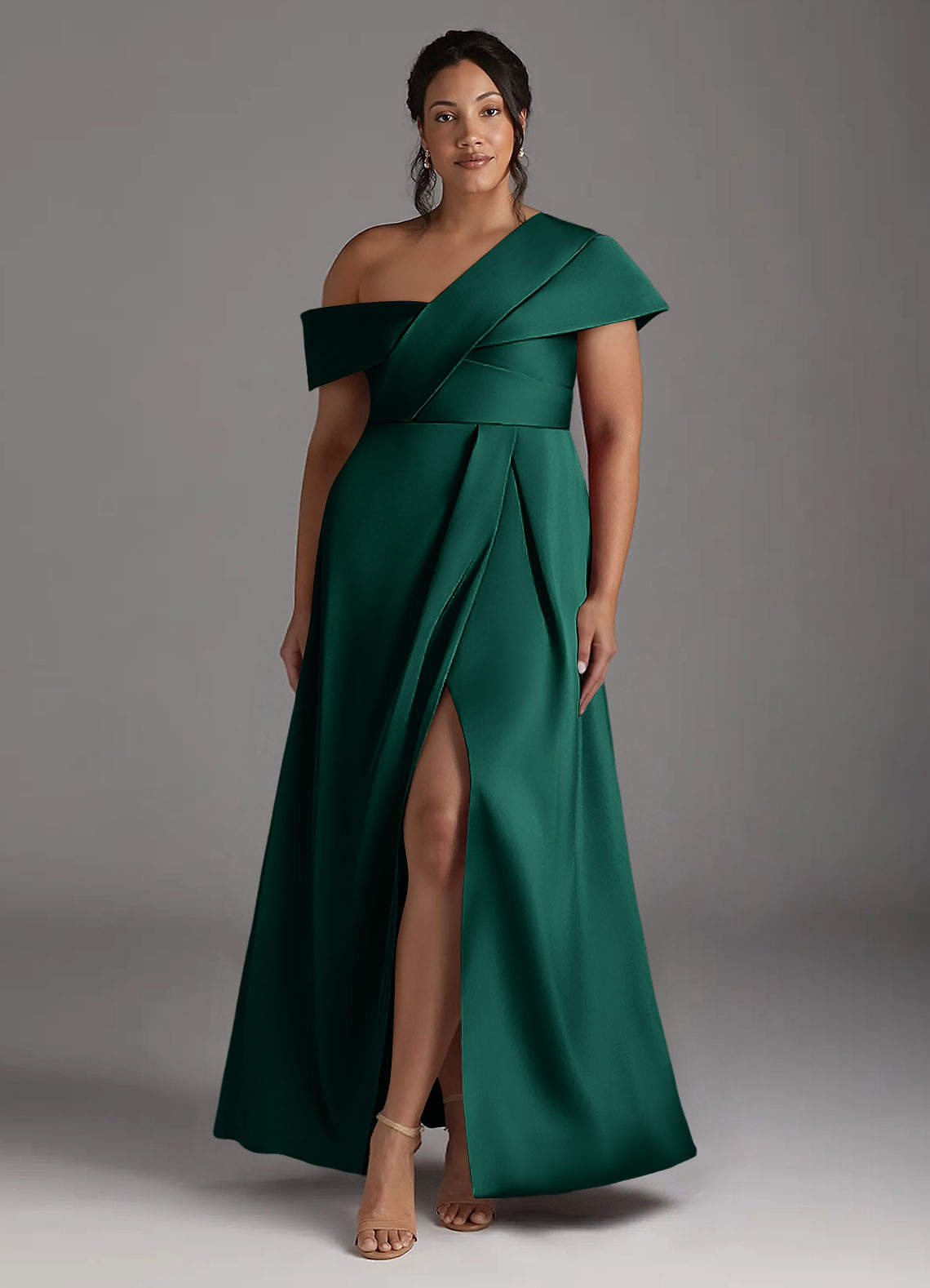 Azazie Milton Mother of the Bride Dresses Emerald A-Line Pleated Stretch Satin Dress image1