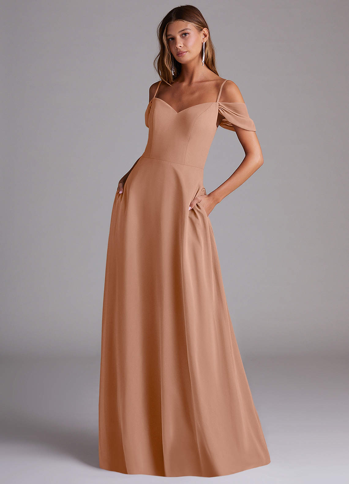 Azazie Marley Bridesmaid Dresses Champagne Rose A-Line Off the Shoulder Chiffon Convertible Dress image1