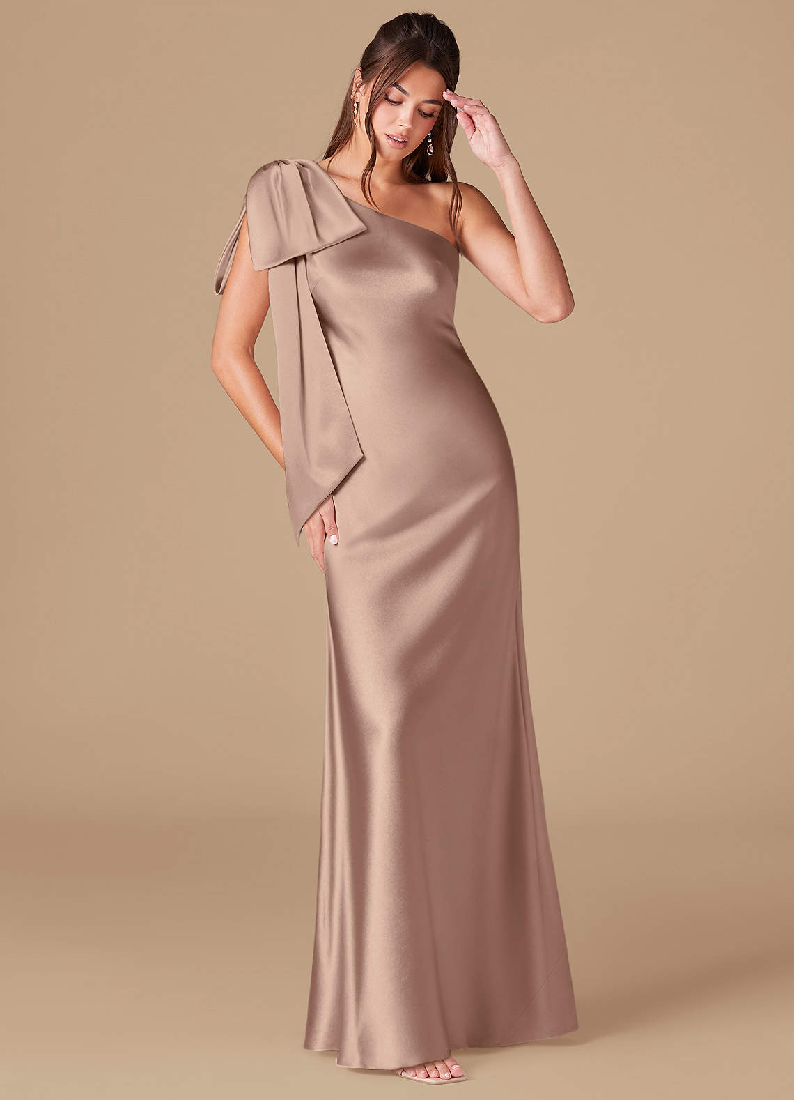 Azazie Capri Bridesmaid Dresses Taupe Sheath One Shoulder Metallic Satin Dress image1