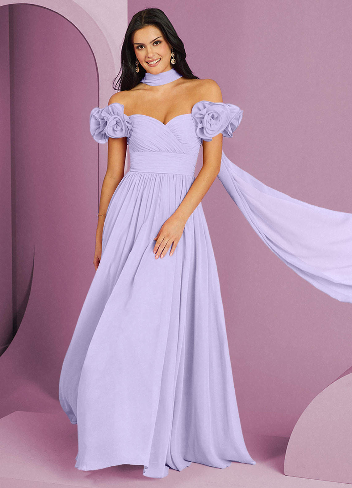 Barbie ♥ Azazie Robes de demoiselle d'honneur Robe Trapèze Convertible en Mousseline de soie Épaule décolletée Lilas image1