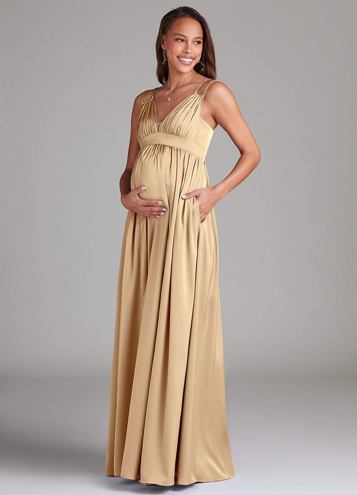 Azazie Emree Maternity Bridesmaid Dresses A-Line Stretch Satin Floor-Length Dress with Pockets image2