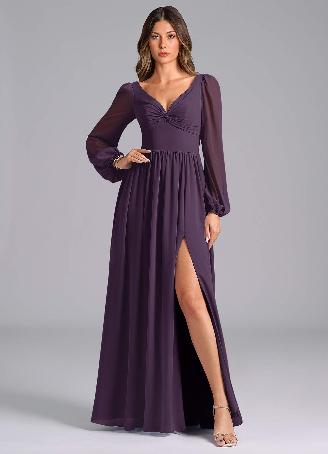 Azazie Zeya Bridesmaid Dresses Plum A-Line Long Sleeve Chiffon Dress image1