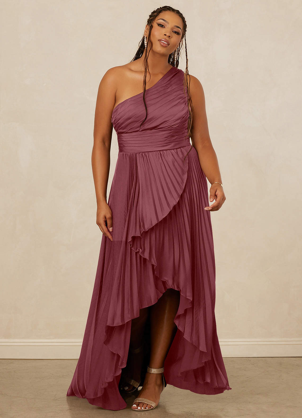 Christian Siriano Bridal for Azazie 1008 Bridesmaid Dresses Desert Rose A-Line One Shoulder Stretch Satin Dress image1