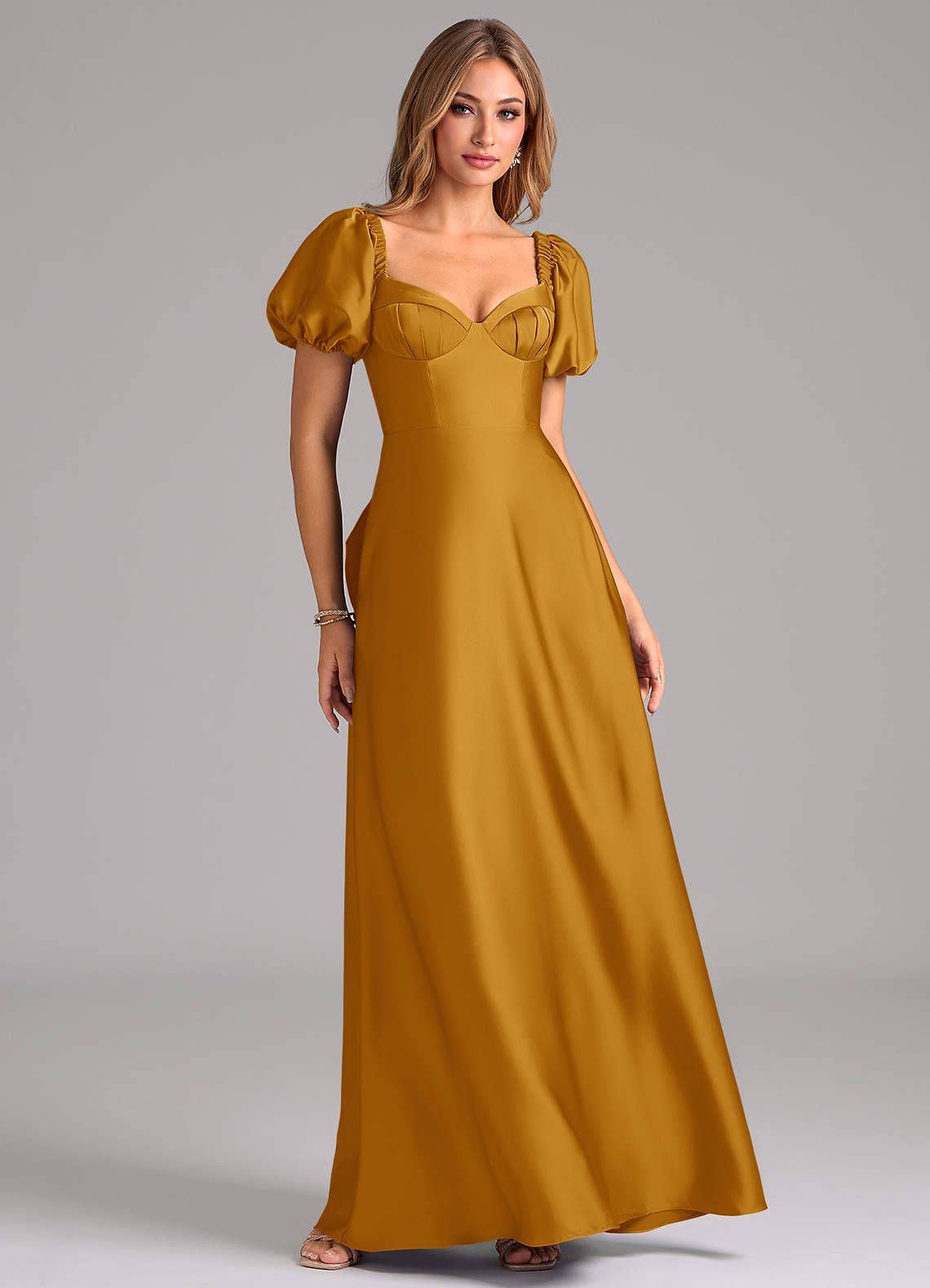 Azazie Fatima Bridesmaid Dresses Butterscotch A-Line Pleated Stretch Satin Dress image1