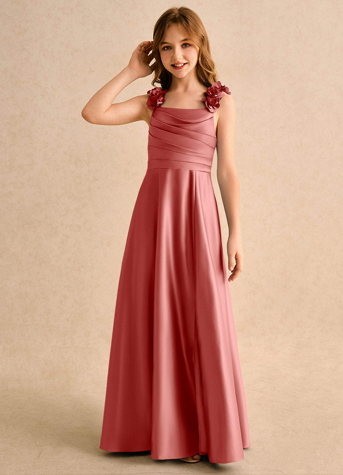 Azazie Rosita Girls Formal Vestidos de florista Vestido Rosa Antiga de Cetim fosco de Linha A com Plissado image5
