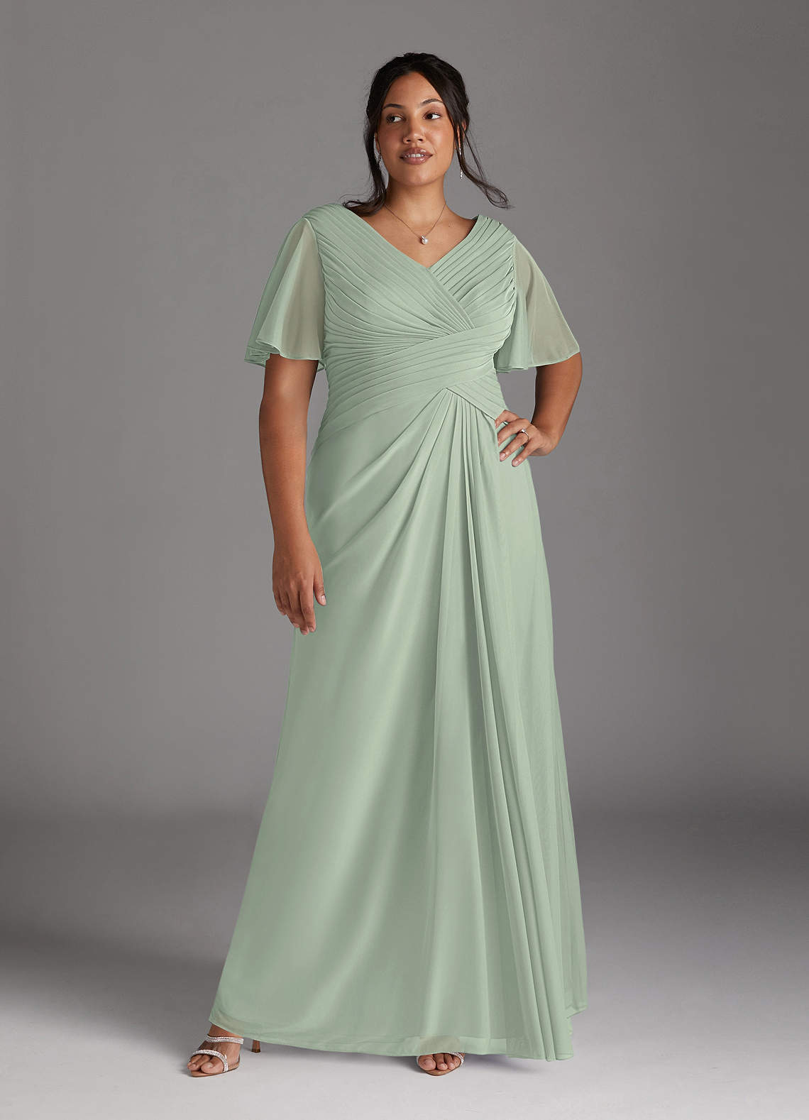 Azazie Emmeline Mother of the Bride Dresses Dusty Sage A-Line V-Neck Pleated Mesh Dress image8