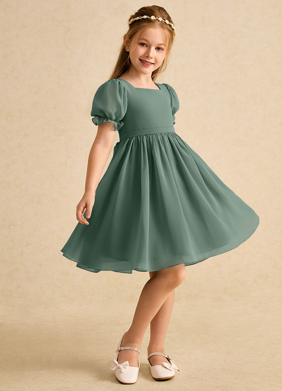 Azazie Jolie Blumenmädchenkleider A-Linie mit ärmel Chiffon Kleid Eukalyptus image1