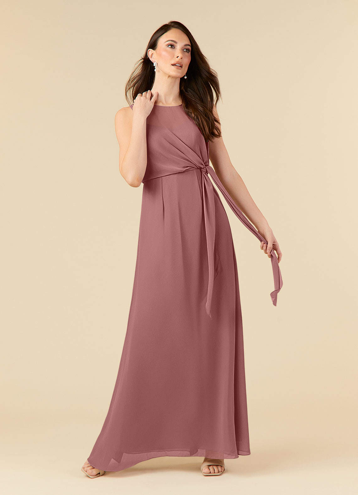 Azazie Marchioness vestidos de madre de la novia Vestido de Rosa Del Desierto de Gasa de Corte En A con Cuello redondo plisado image1