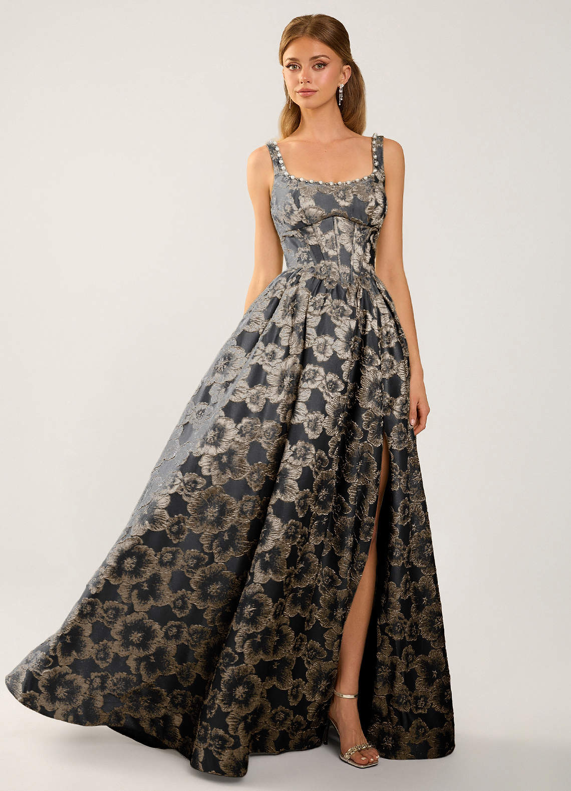 grey and black prom dresses V Neck Black Satin Pleated Charcoal Tulle Prom Gown
