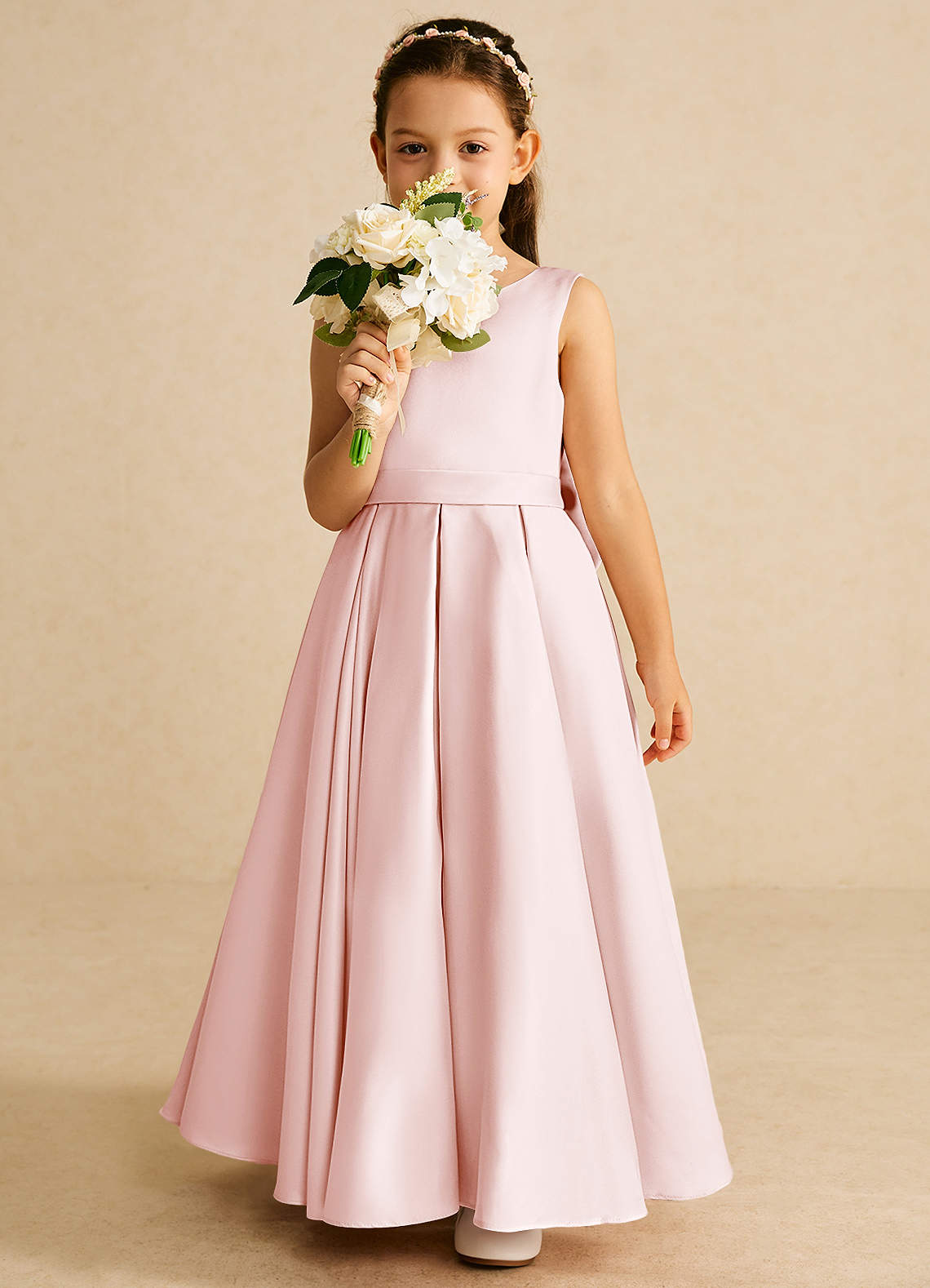 Azazie Pipsy Flower Girl Dresses Blushing Pink A-Line Bow Matte Satin Dress image4