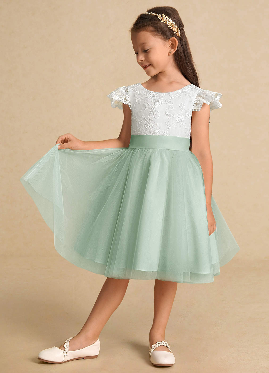 Azazie Vetty Flower Girl Dresses Ivory Agave A-Line Lace Tulle Dress image3
