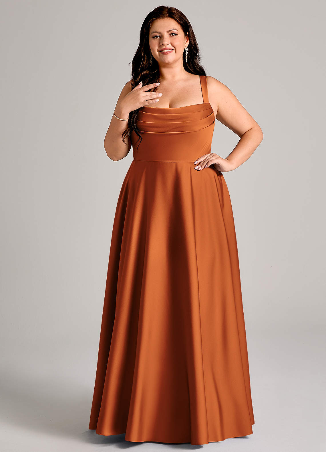 Azazie Shaude Bridesmaid Dresses Cinnamon A-Line Pleated Stretch Satin Dress image1