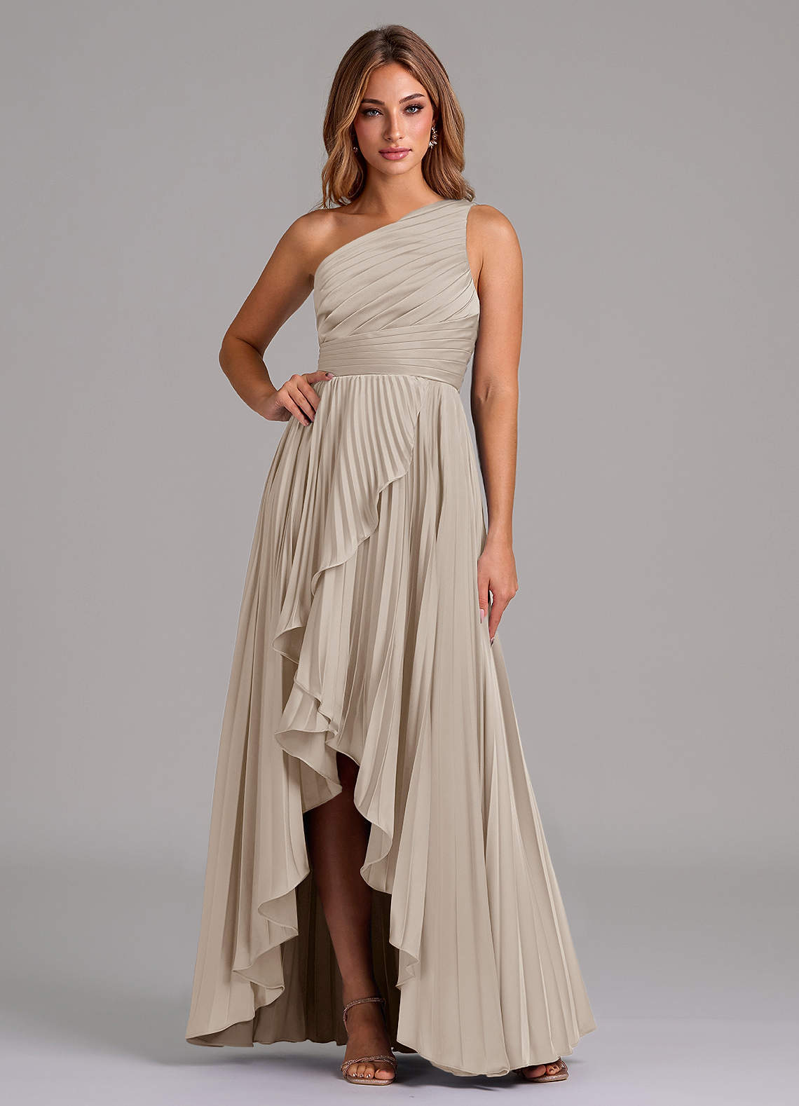 Azazie Lyrica Bridesmaid Dresses Frost A-Line One Shoulder Stretch Satin Dress image1