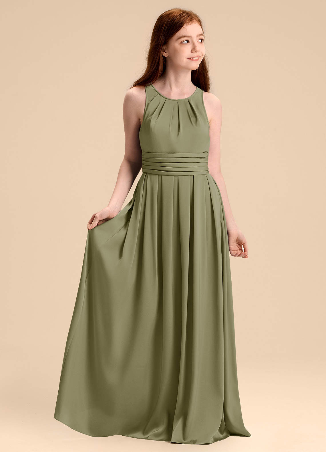 Azazie Bibiane Junior Vestido de Pistacho de Satén Elástico de Corte en A con Plisado image1