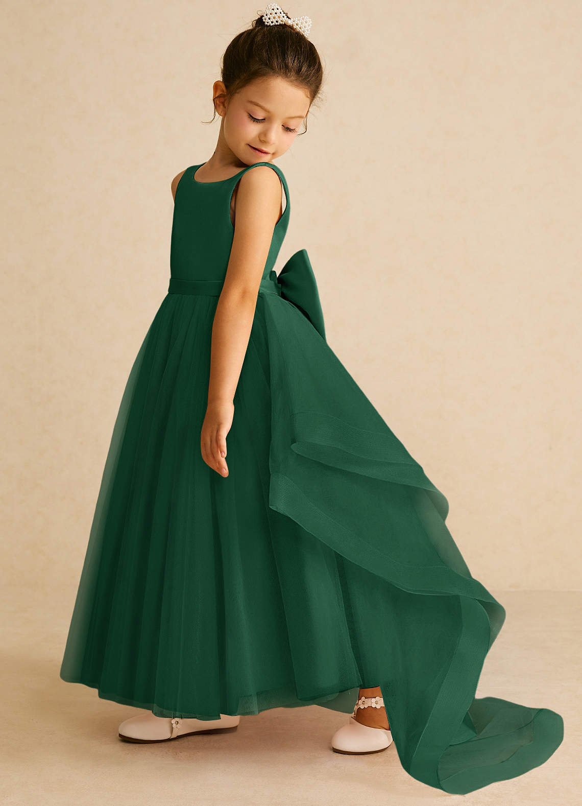 Azazie Pumpkin Flower Girl Dresses Dark Green A-Line Convertible Tulle Dress image3