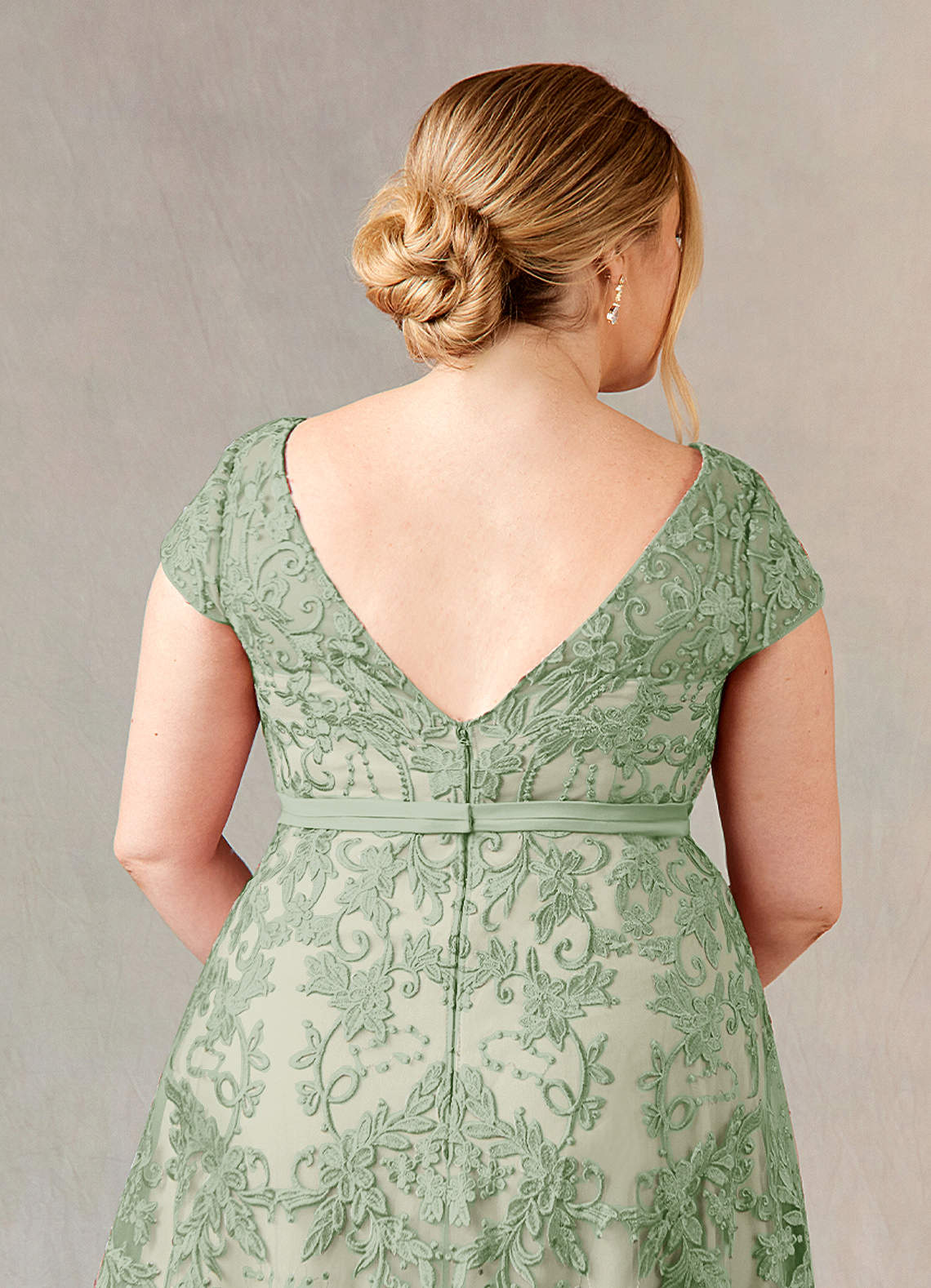 Azazie Sanna Dusty Sage Champagne A-Line Scoop Lace Tulle Dress
