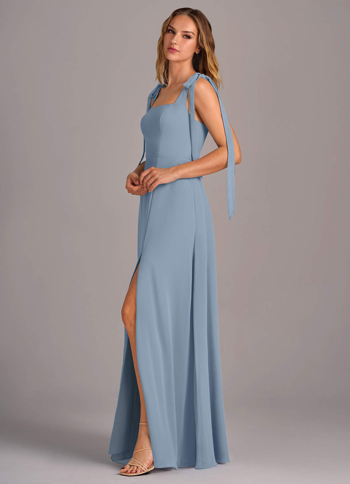 Azazie Debra Bridesmaid Dresses Dusty Blue A-Line with Pockets Chiffon Convertible Dress image3