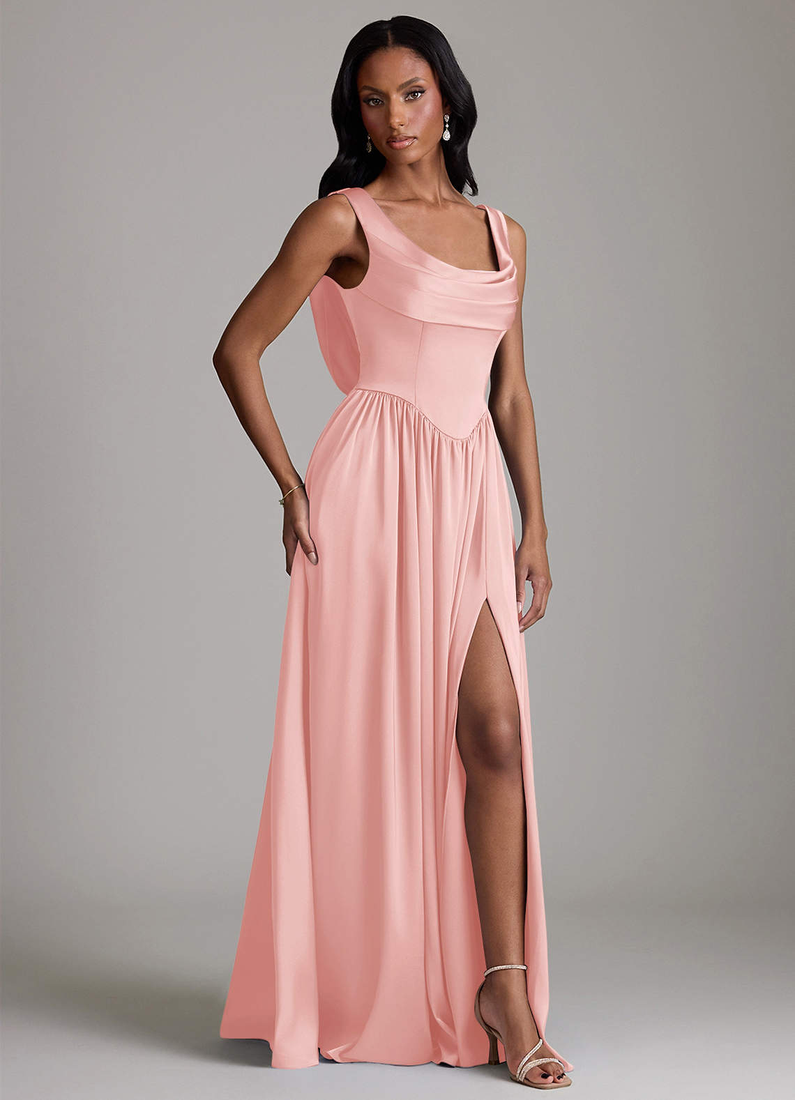 Azazie A-Line Cowl Neck Floor-Length Stretch Satin Bridesmaid Dresses