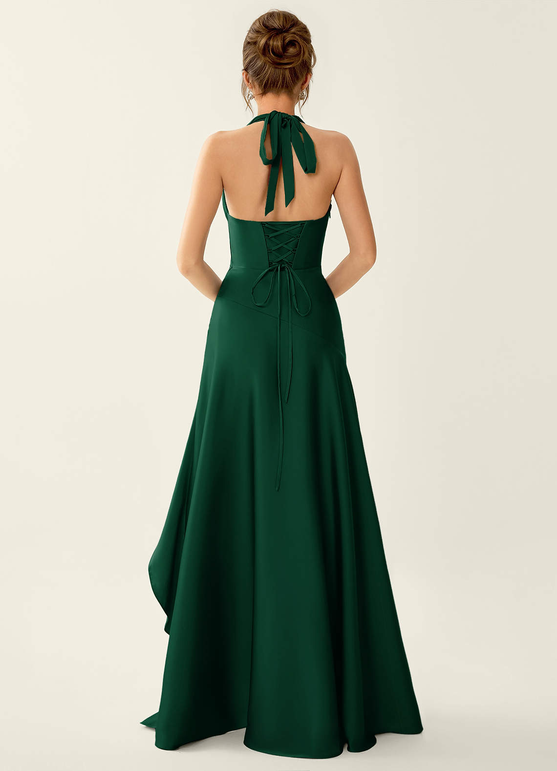 Titania Emerald Green Satin Halter Ruffled Maxi Dress