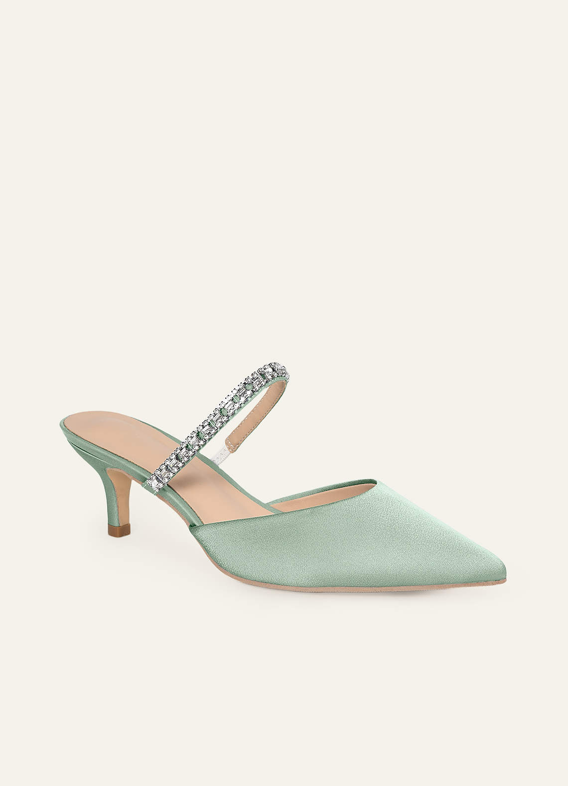 front Matching Color Stretch Satin Rhinestone Slip-on Kitten Heels