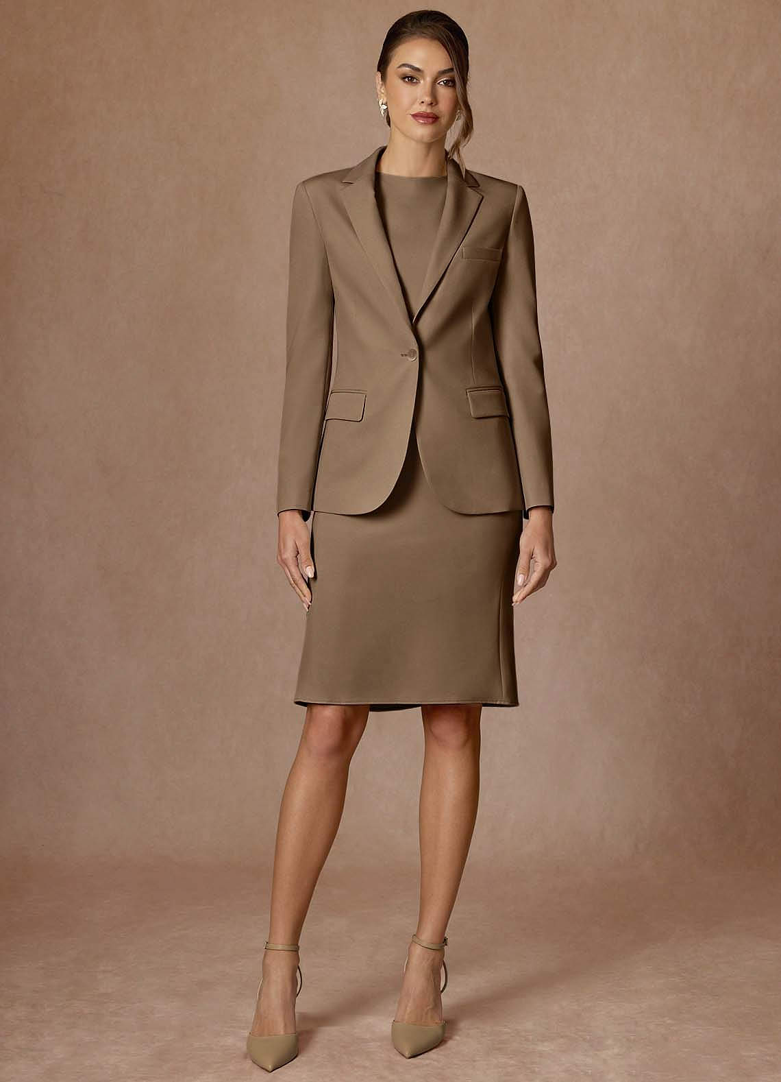 front Kennedy Truffle Refined Weave Performance Dress