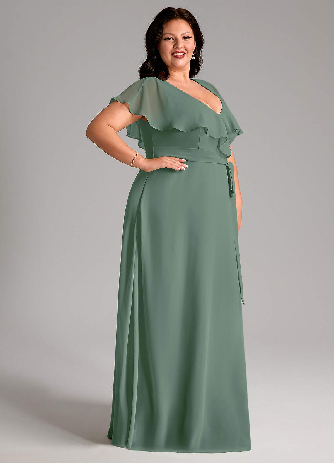 Azazie Lainey Bridesmaid Dresses Eucalyptus A-Line with Pockets Chiffon Dress image11