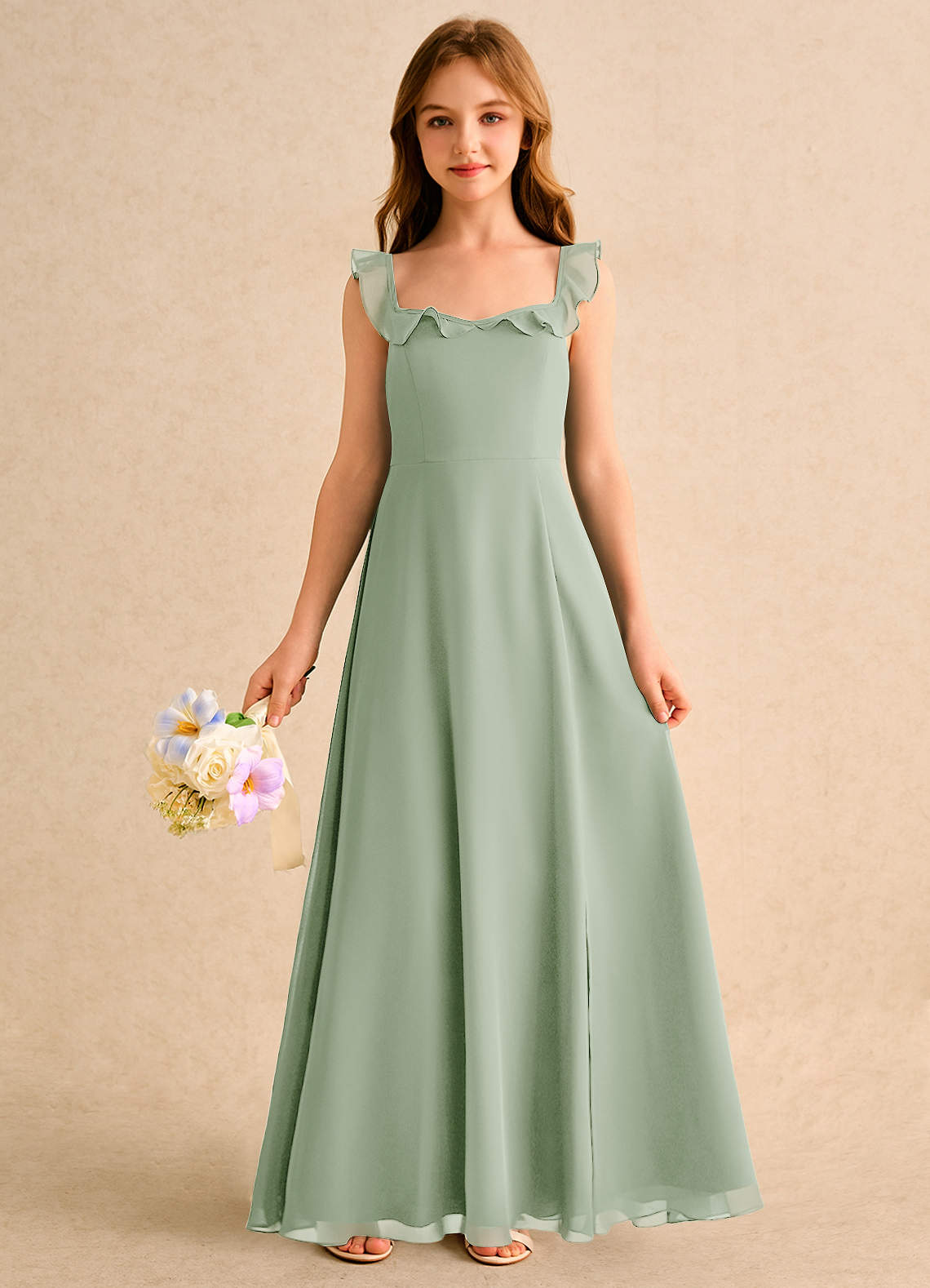 Azazie Chip Junior Formal Flower Girl Dresses Dusty Sage A-Line Sleeveless Chiffon Dress image2