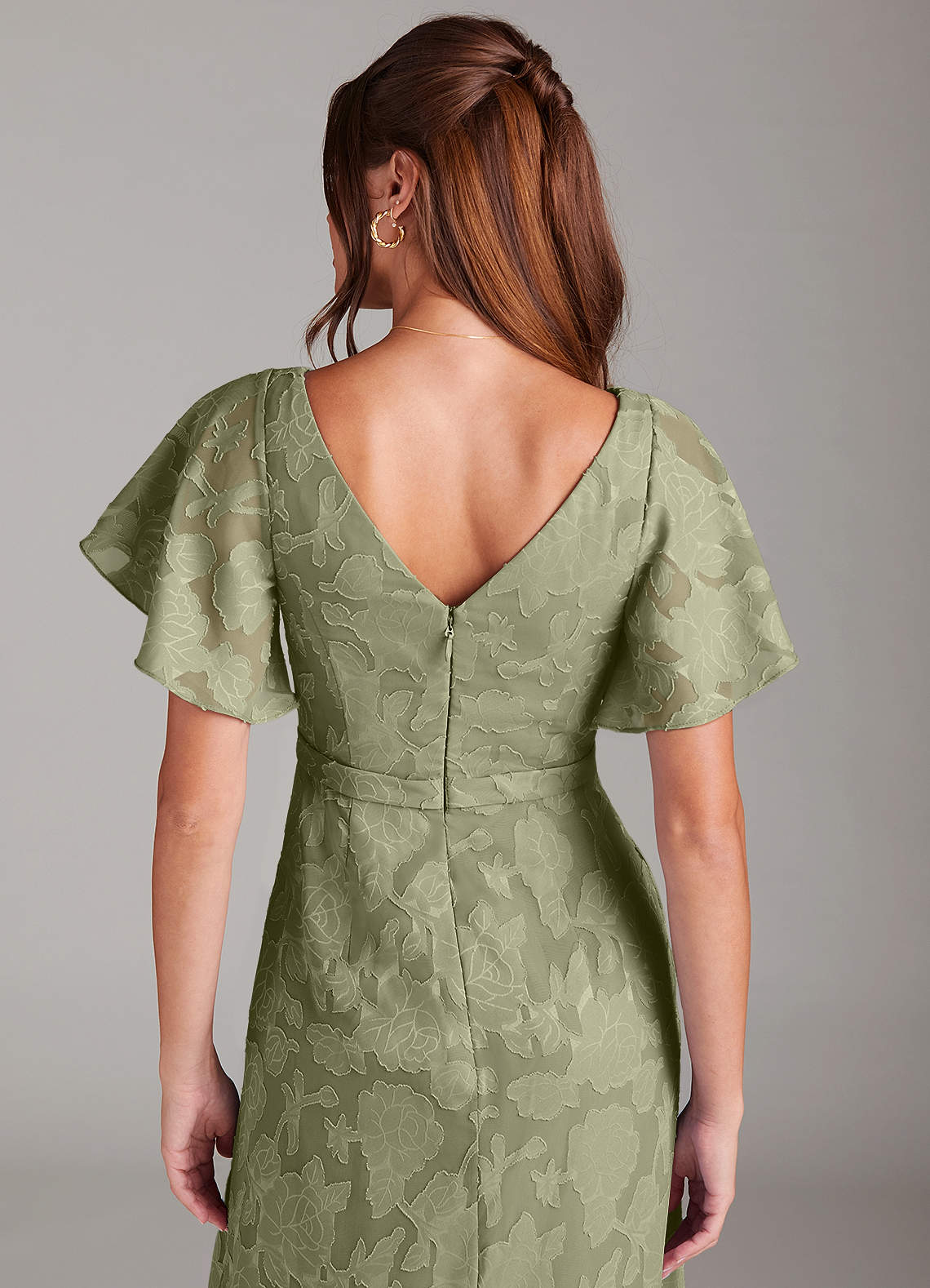 Azazie Ambrosia Essayer des robes à la maison Robe Trapèze en Blumen-Burnout Plissée Bleu Poussiéreux image1