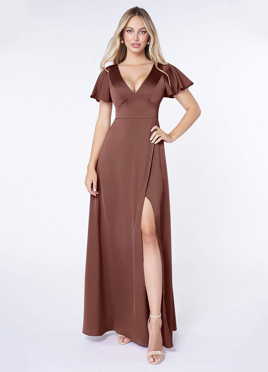 Azazie Lani Bridesmaid Dresses Espresso A-Line Flounce Sleeve Stretch Satin Dress image1