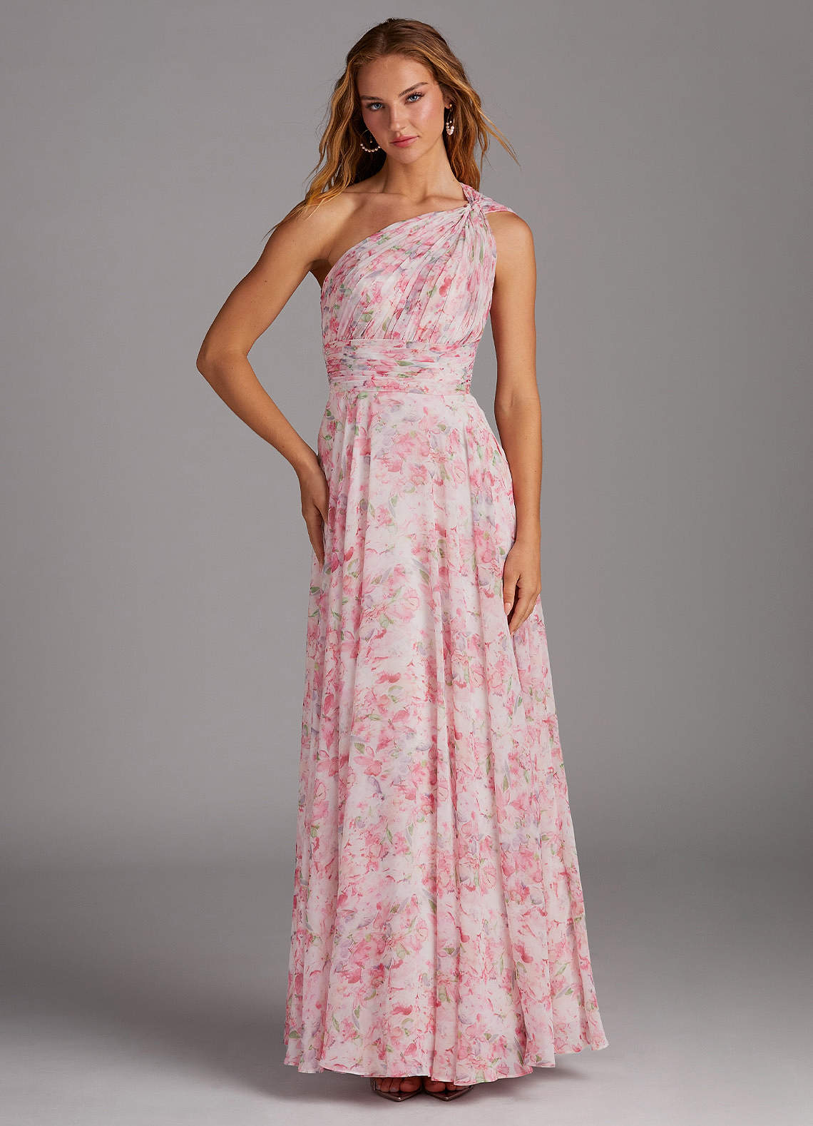 Azazie Charlize Brautjungfernkleider A-Linie One-Shoulder Chiffon Kleid Abstraktes Aquarell Mit Blumen image1