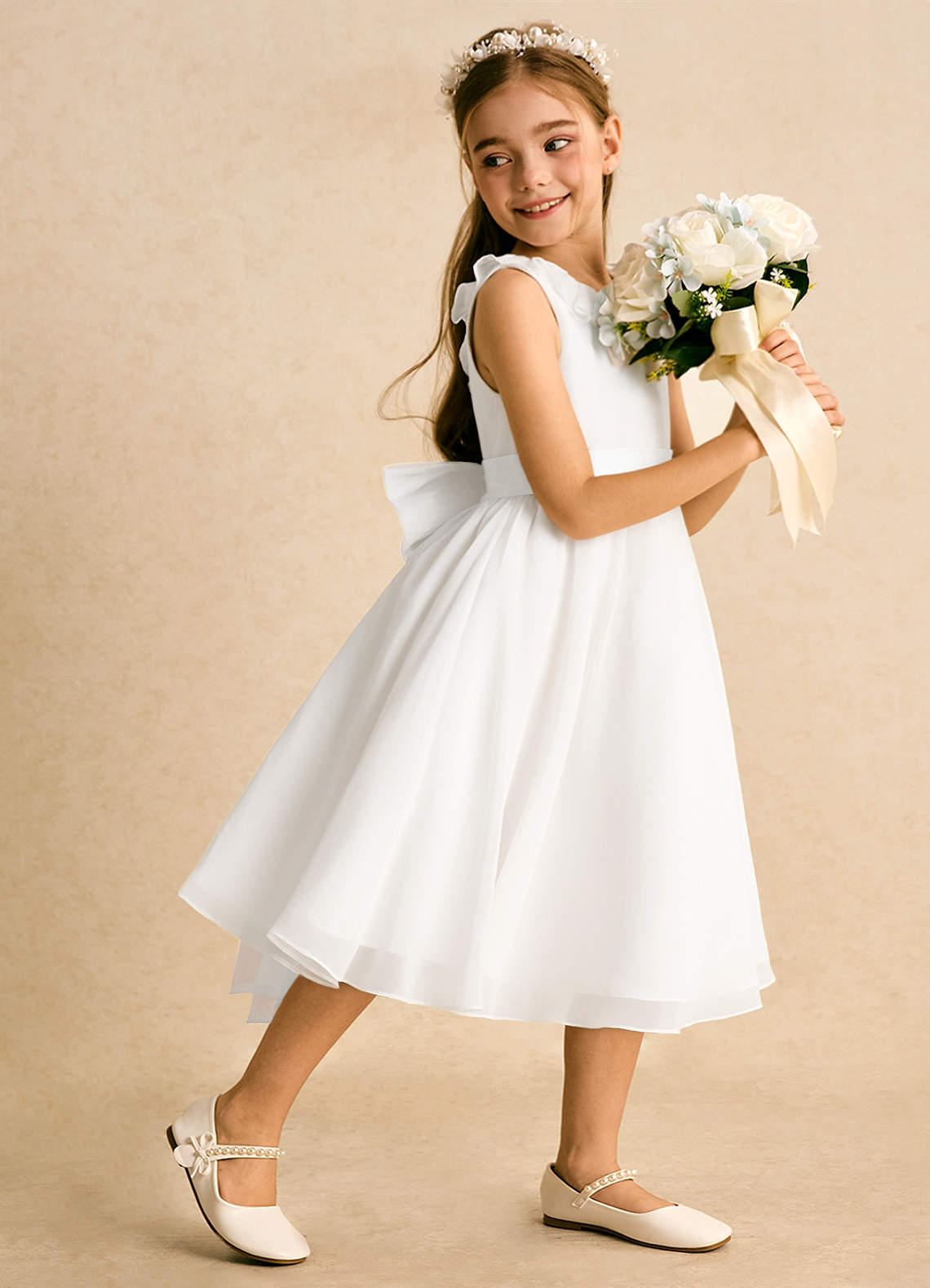 Azazie Dani vestidos de niña de las flores Vestido de Marfil de Gasa de Corte en A con Lazo image2