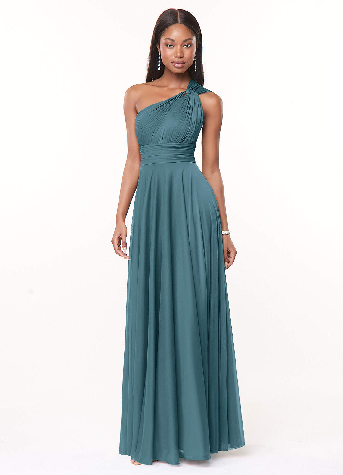 Azazie Charlize Vestidos de damas de honor Vestido de Bermudas de Malla de Corte en A con Hombro unilateral image2