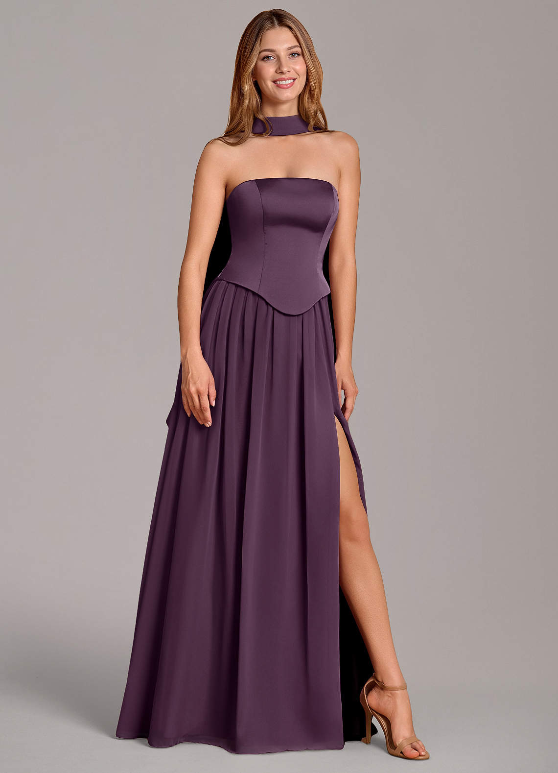 Azazie Cadence Brautjungfernkleider Wandelbar A-Linie Korsett Stretch-Satin Kleid Pflaume image1