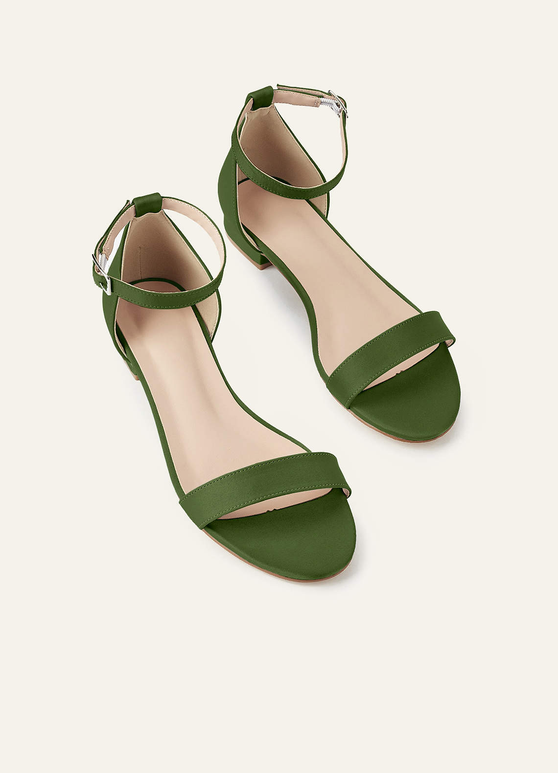 front Matching Color Matte Satin Single Strap Ankle Buckle Block Flat Sandals