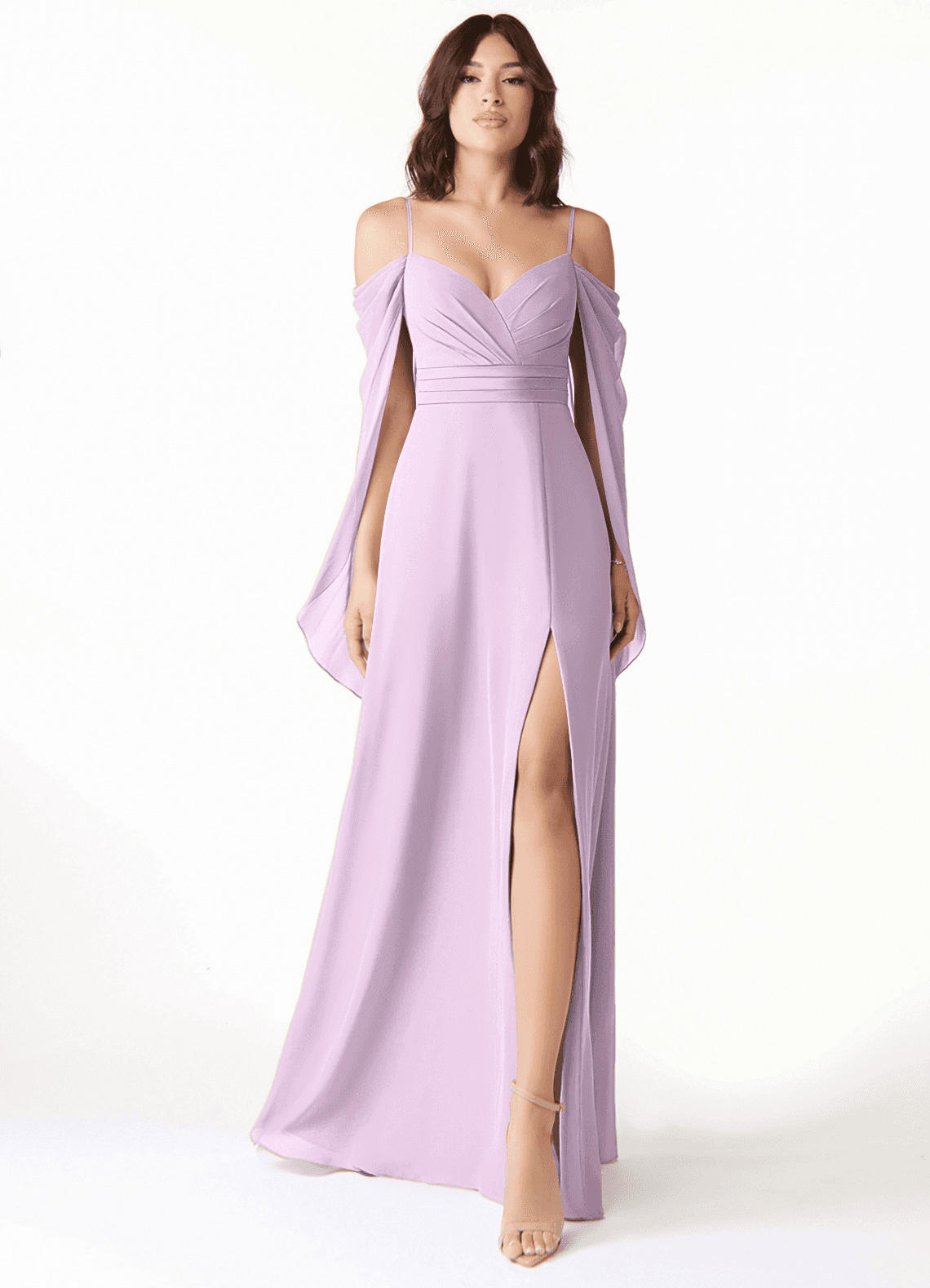 Azazie Cienna Bridesmaid Dresses Frosted Lilac A-Line Off the Shoulder Chiffon Dress image1