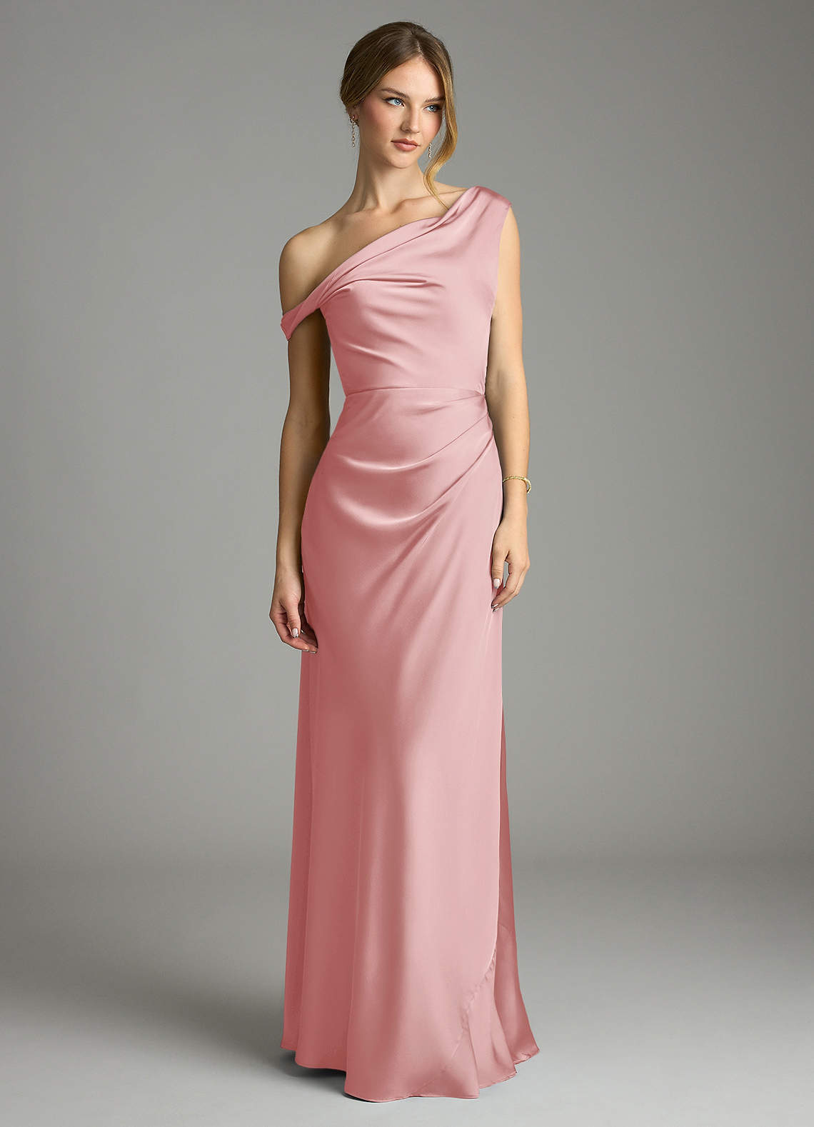 Azazie Emerson Bridesmaid Dresses Powder Pink Mermaid Off the Shoulder Stretch Satin Dress image2