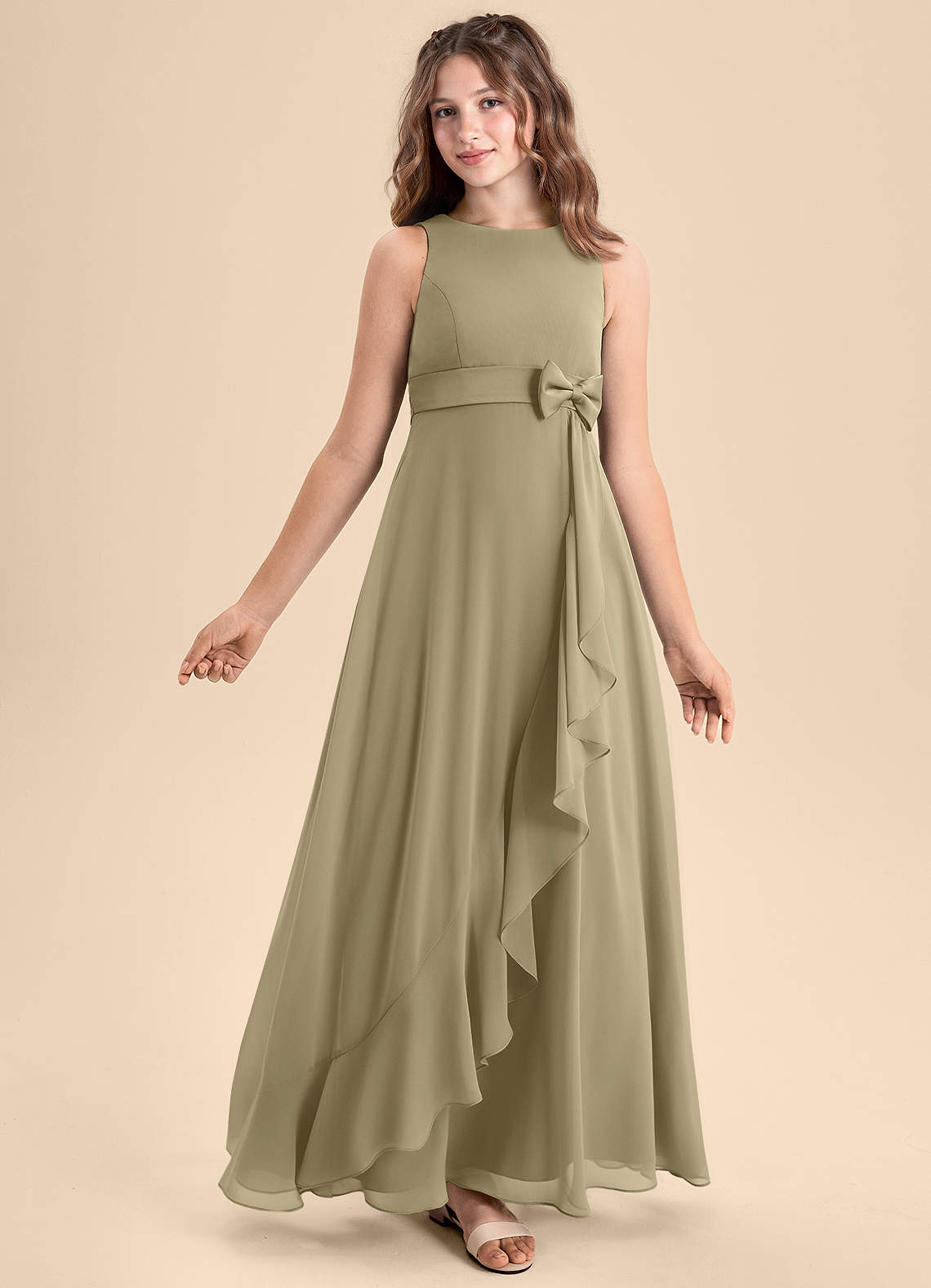 Azazie Lilenne Junior Abito A-Line in Chiffon Fiocco Verde Muschio image1