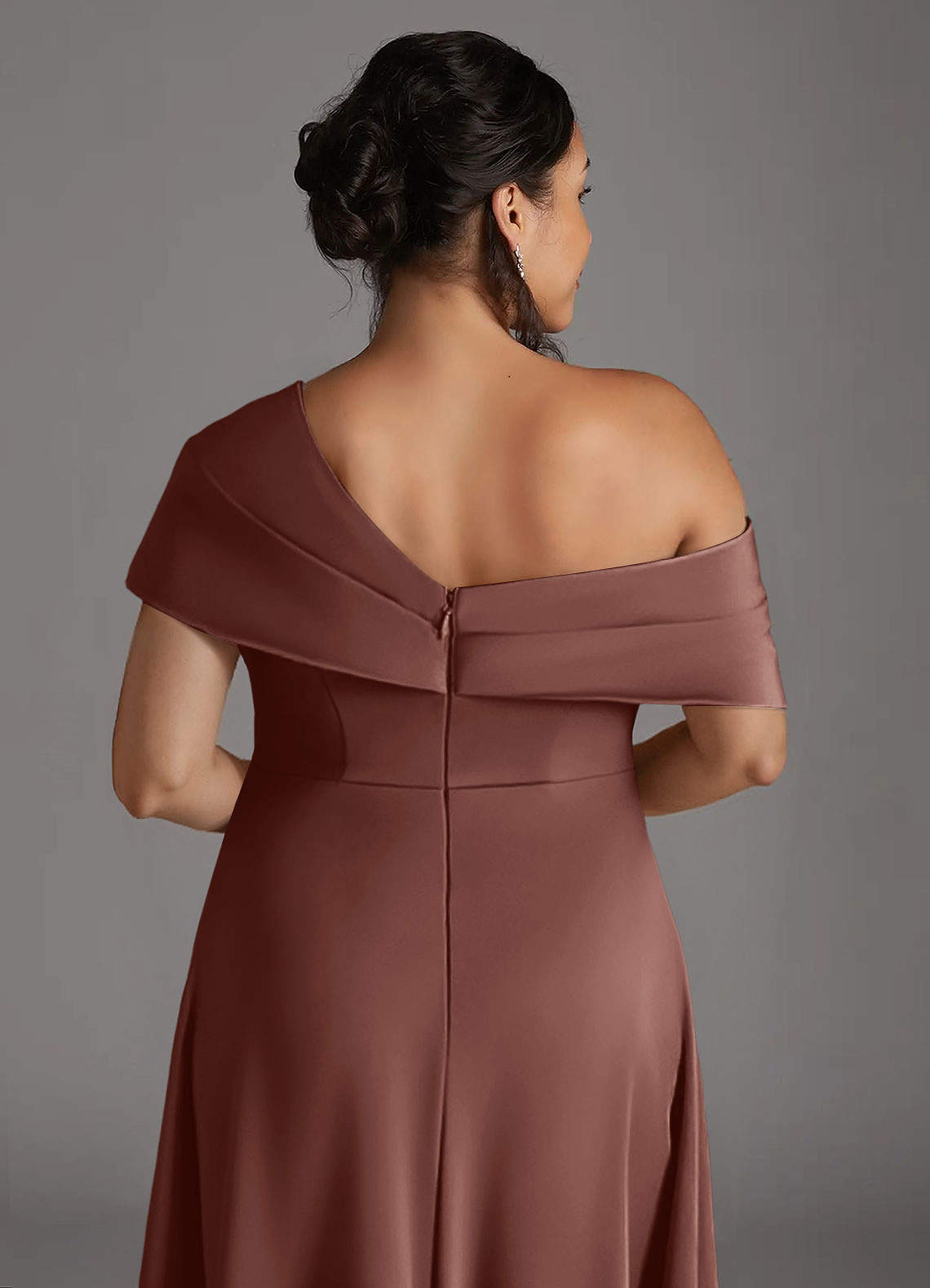 Azazie Milton Mother of the Bride Dresses Espresso A-Line Pleated Stretch Satin Dress image9