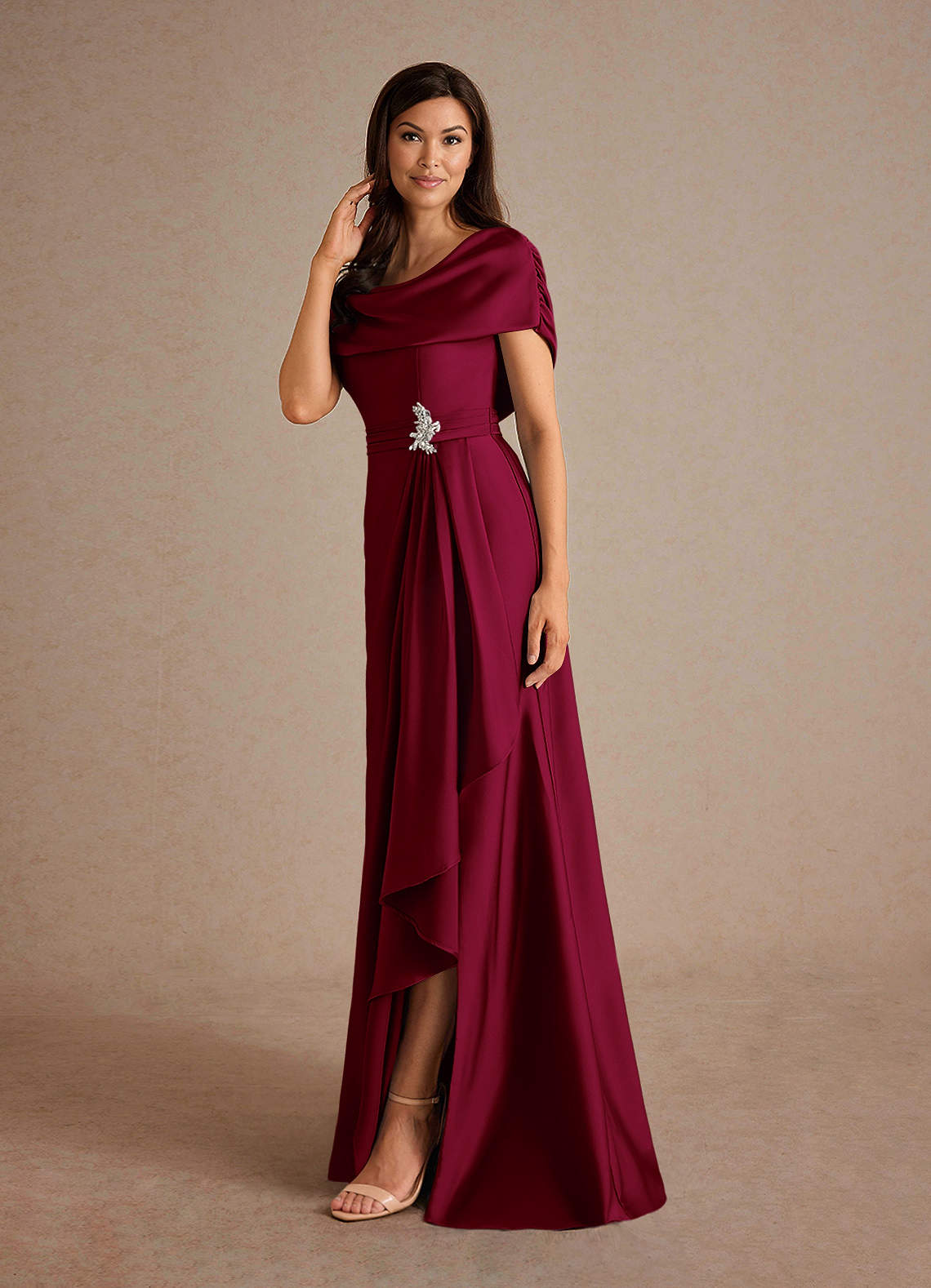 Azazie Branford Mother of the Bride Dresses Burgundy A-Line Pleated Stretch Satin Dress image1