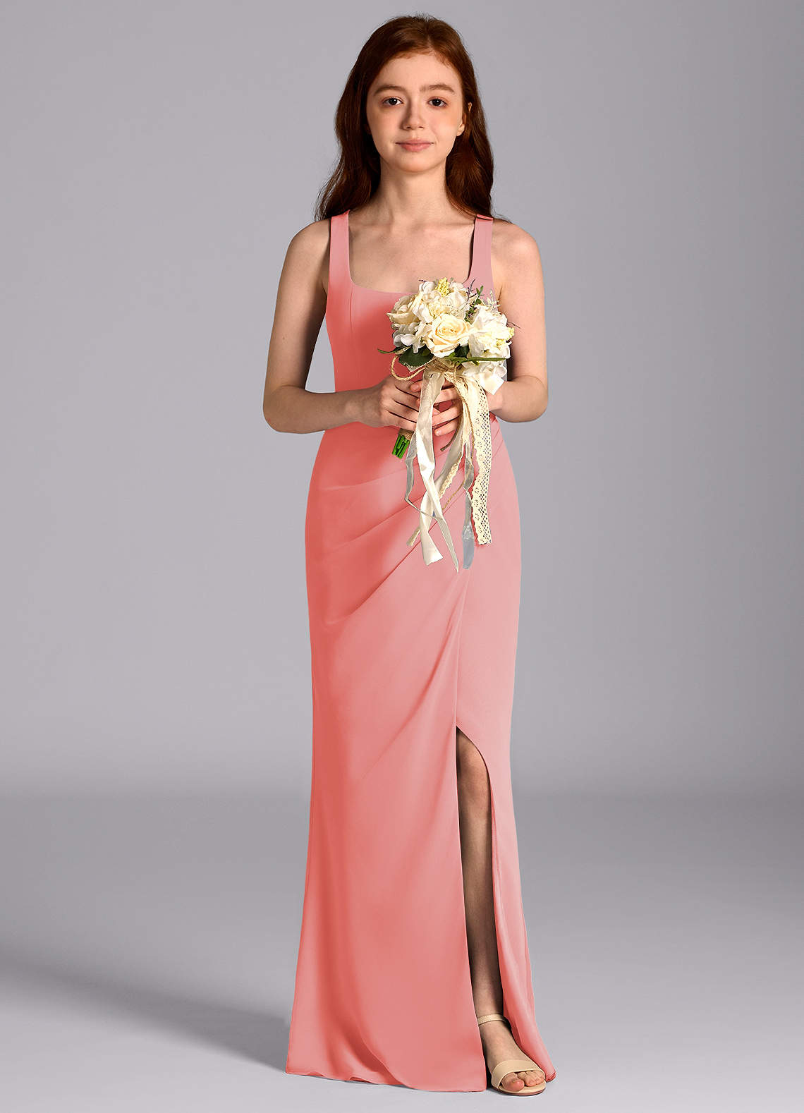 Azazie Mero Junior Coral Mermaid Pleated Chiffon Dress image1
