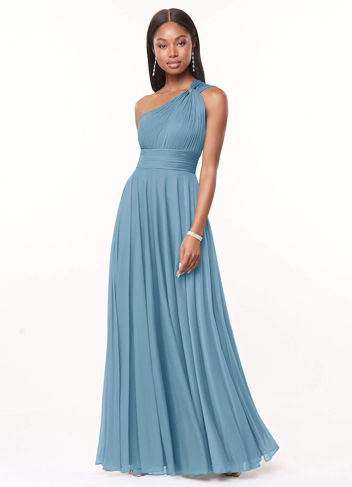 monteau dress Steel Blue Grey Bridesmaid Dresses One Shoulder Sheath/Column Ruched Chiffon Bridesmaid Dresses with Slit main image 1