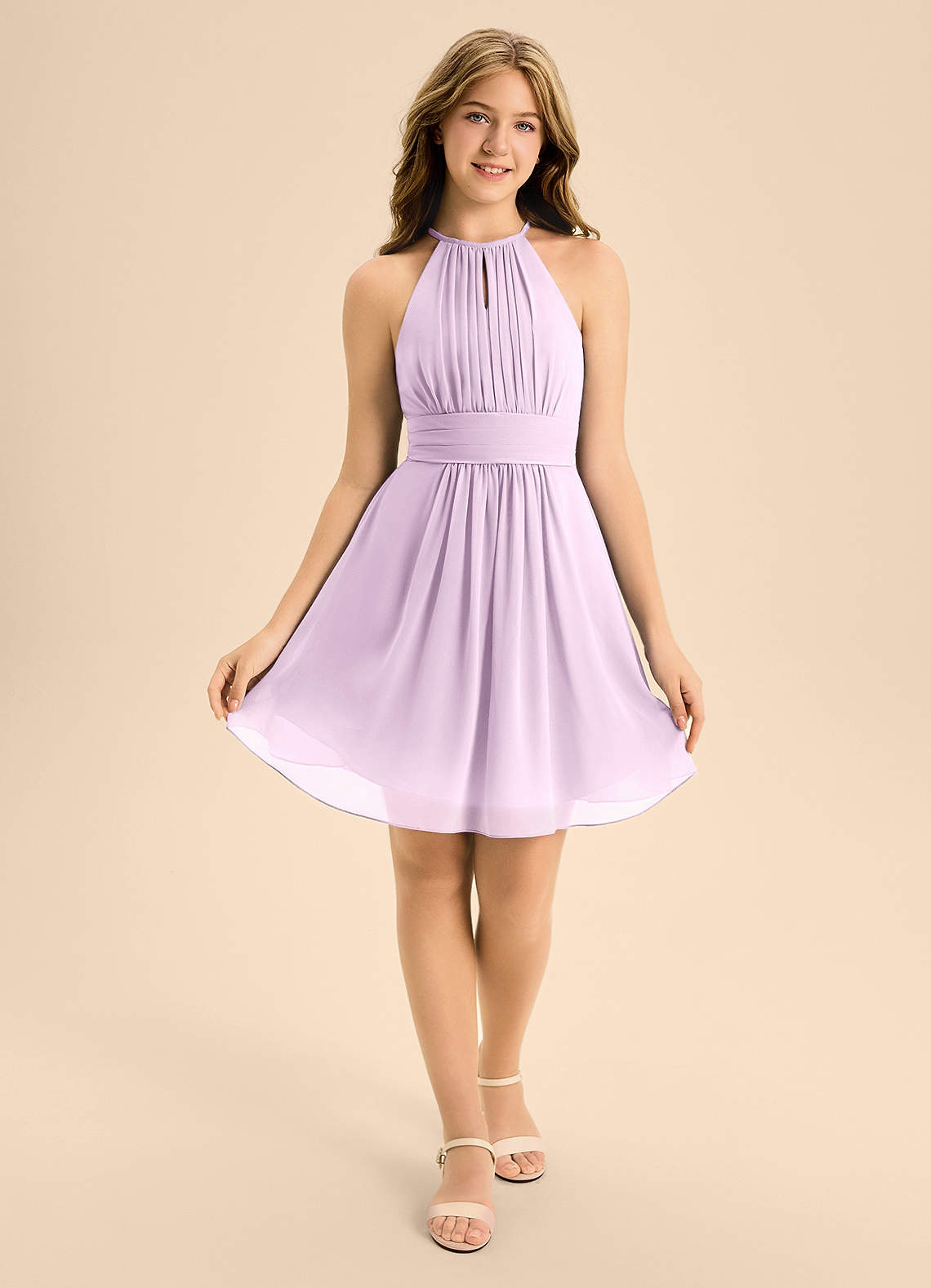 Azazie Bonnie Junior Frosted Lilac A-Line Pleated Chiffon Dress image1