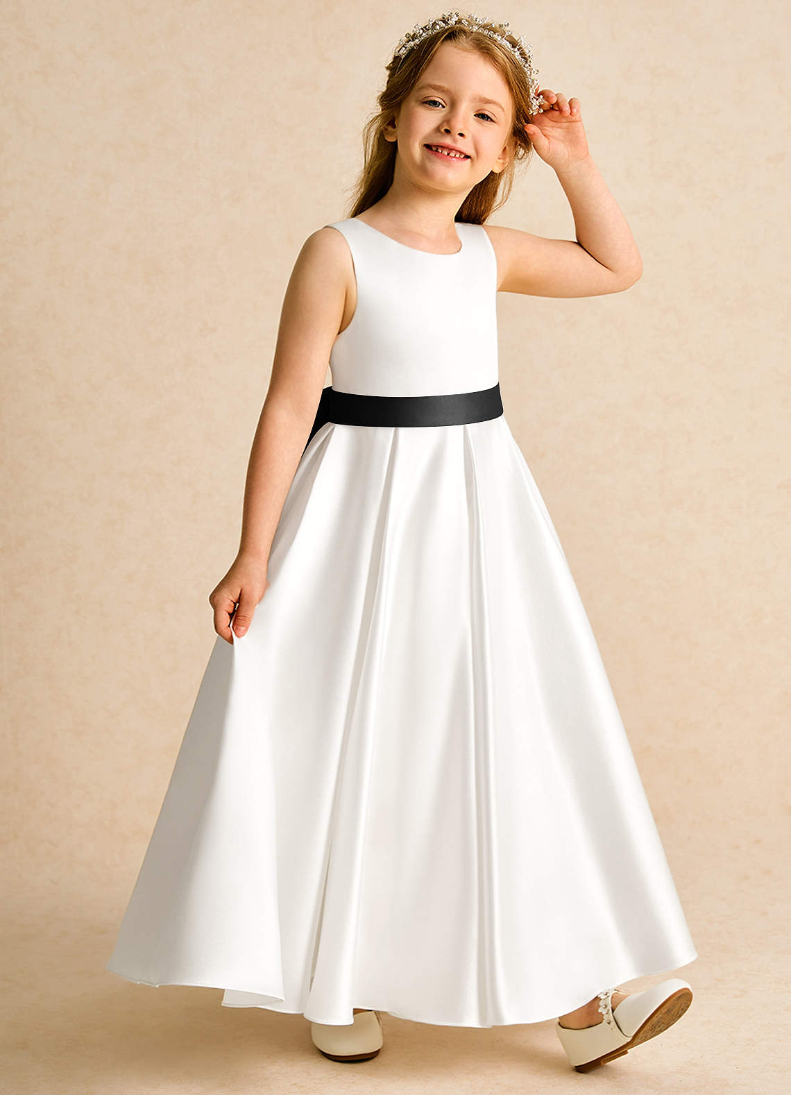 Azazie Cherry Flower Girl Dresses Ivory Black Ball-Gown Pleated Matte Satin Dress image4