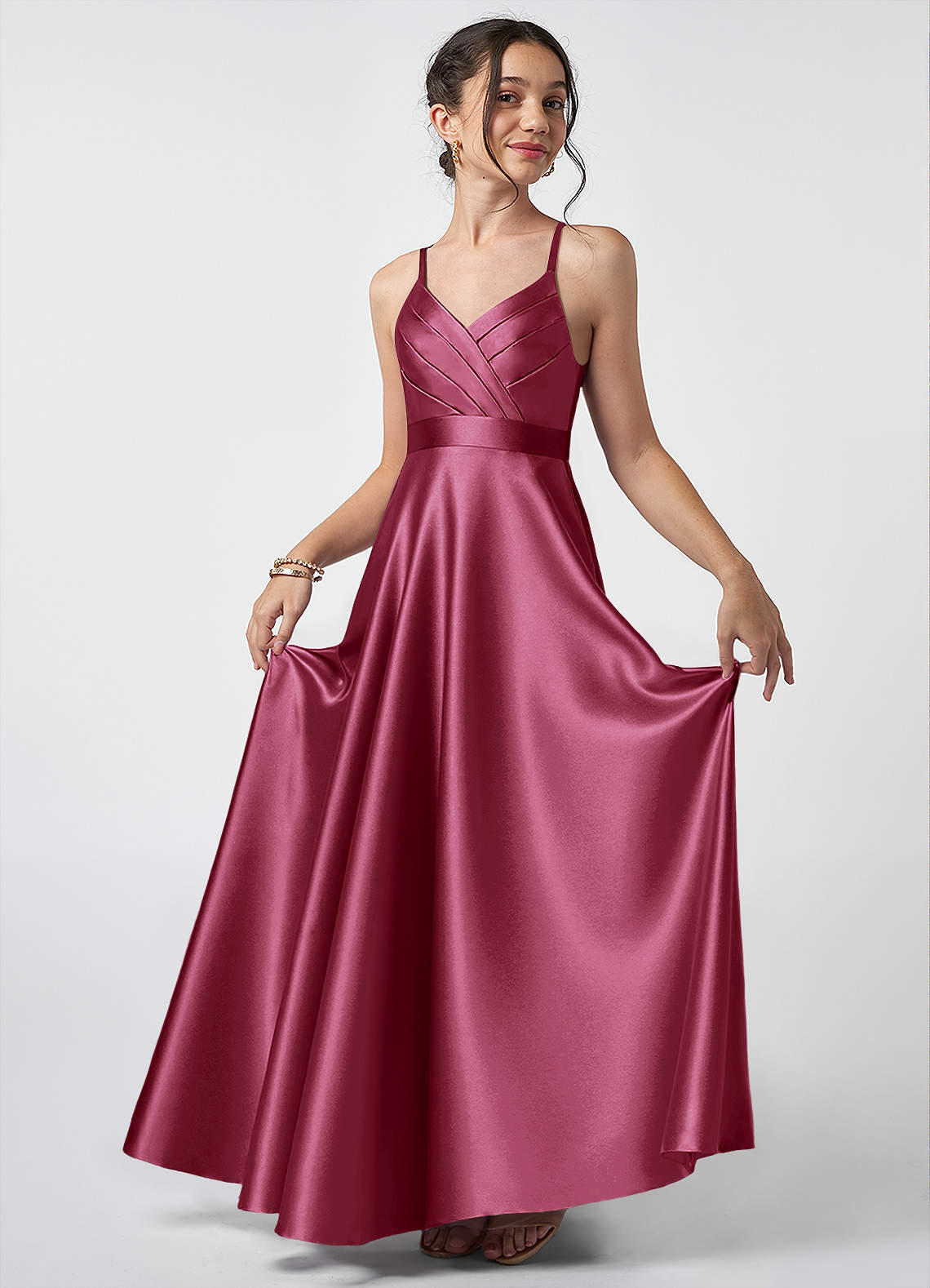 Azazie Avelina Junior A-Linie Plissee Metallischer Satin Kleid Burgunderrot image1