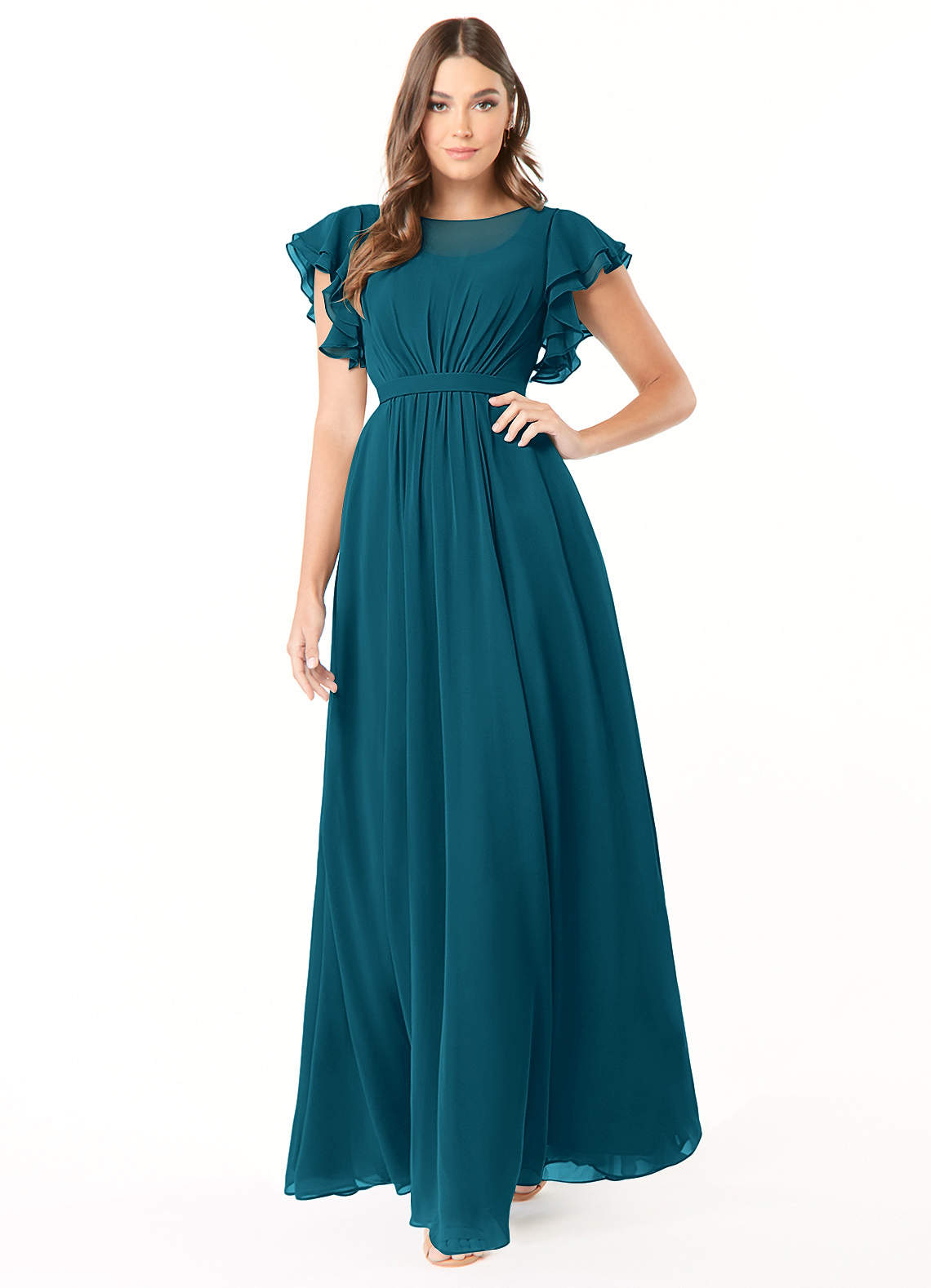 Azazie Daphne Bescheidene Brautjungfernkleider A-Linie Gekräuselt Chiffon Bodenlänge Kleid image1
