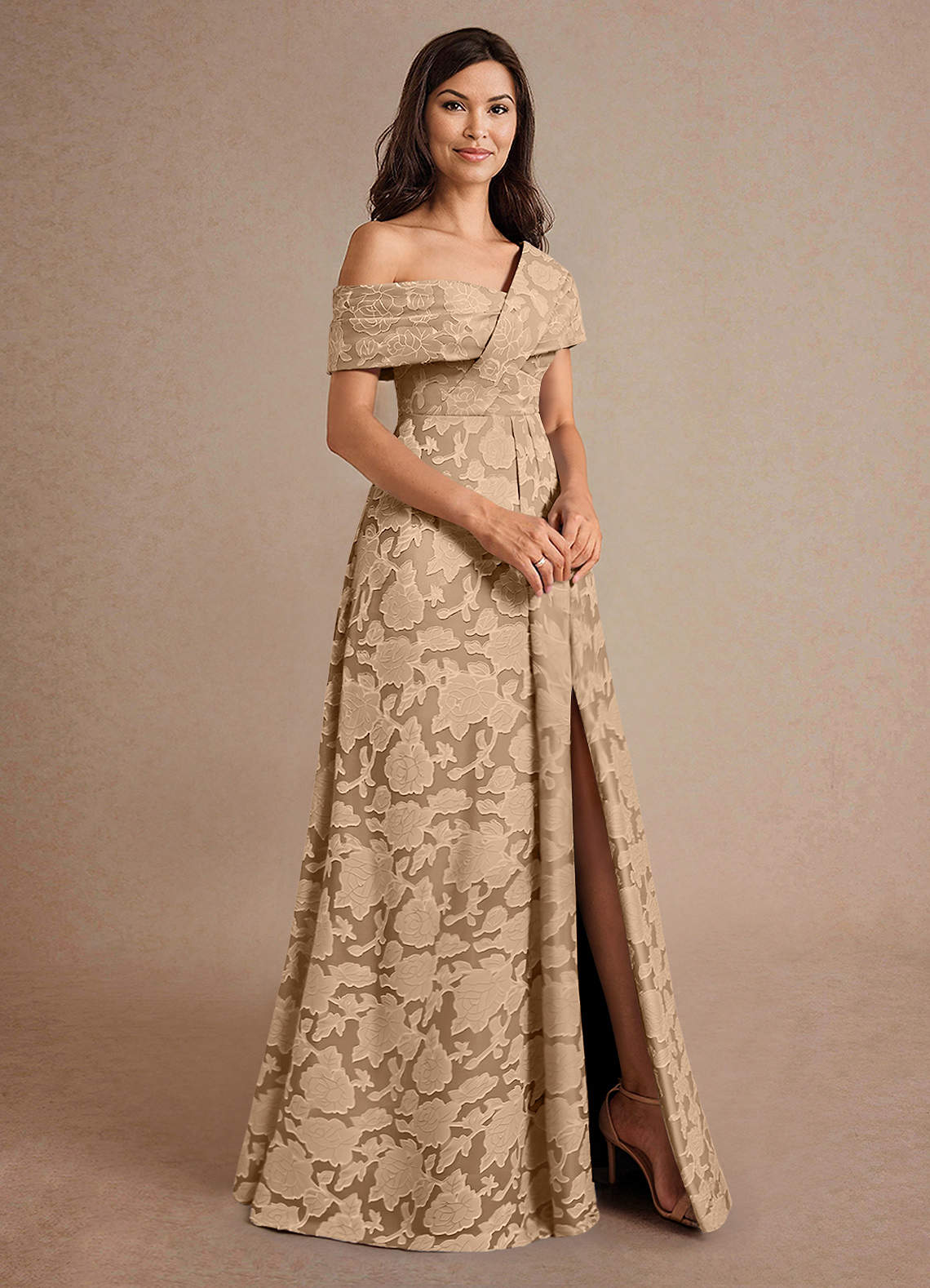 Azazie Milton Mother of the Bride Dresses Champagne A-Line Pleated Floral Burnout Dress image2